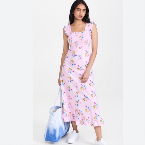 GANNI | Smocked Pink Floral Midi Dress, Size FR 34/US 2 100% Cotton - Picture 14 of 14